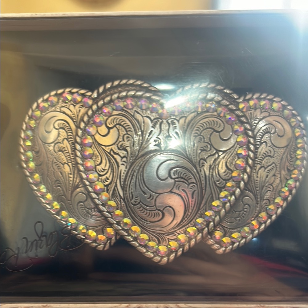 Silver Heart Belt Buckle with Rhinestones